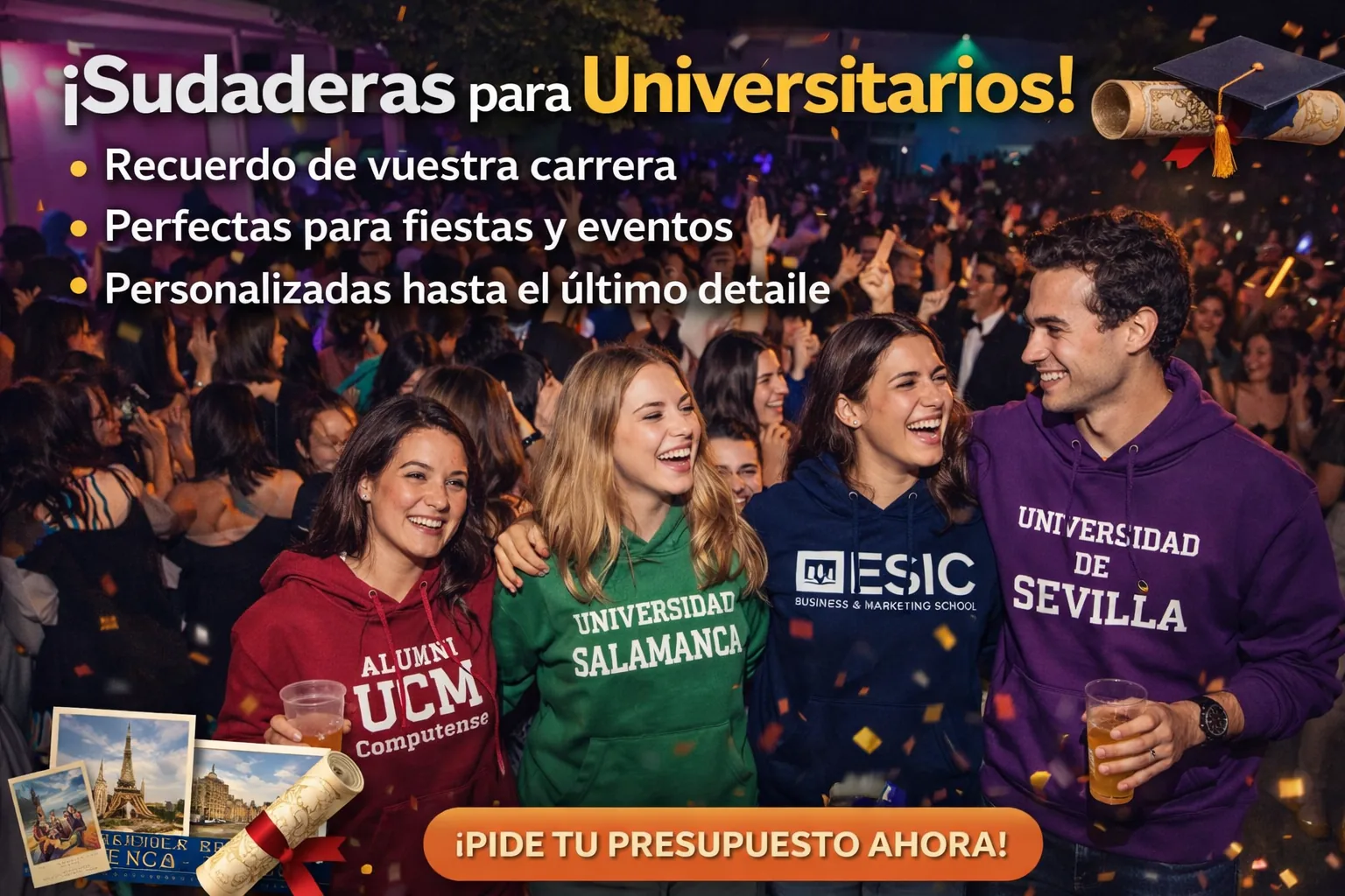Estudiantes con sudaderas universitarias personalizadas